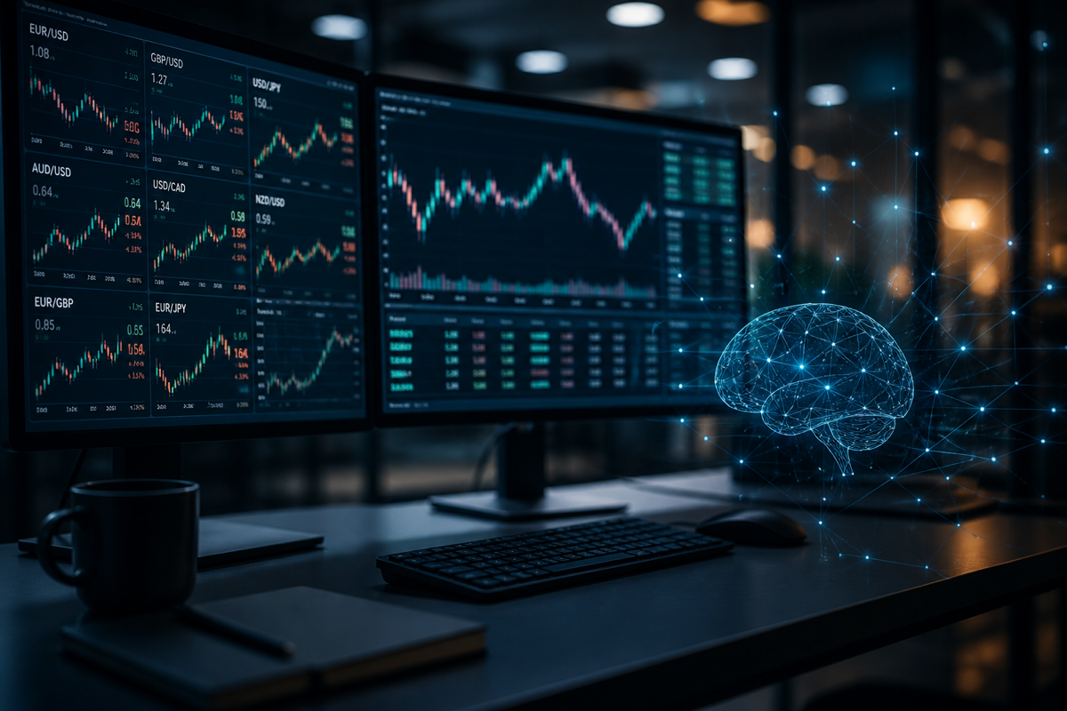 Financial technology screens showing currency trading charts and AI analytics