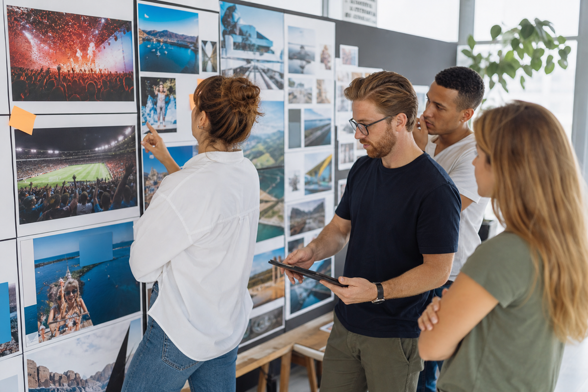 Creative team reviewing destination and event advertising campaign boards