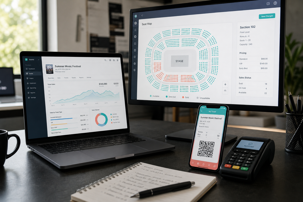 Ticketing and event technology dashboards on laptop, monitor, and mobile devices