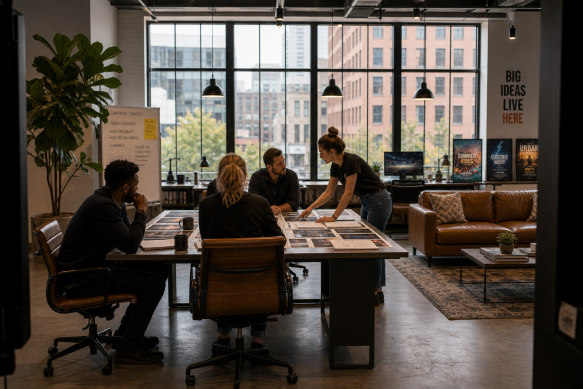 Creative team reviewing event plans in a modern live-events agency office