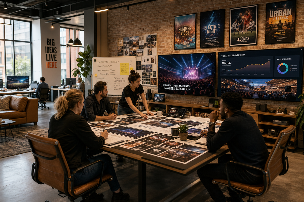 Creative team collaborating in a modern live-events agency office
