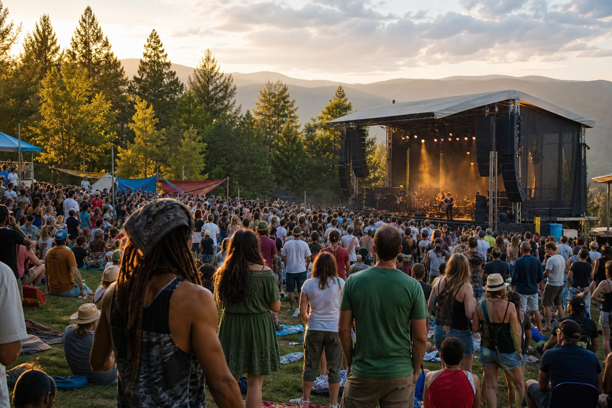 Outdoor music festival crowd at a wooded mountain venue